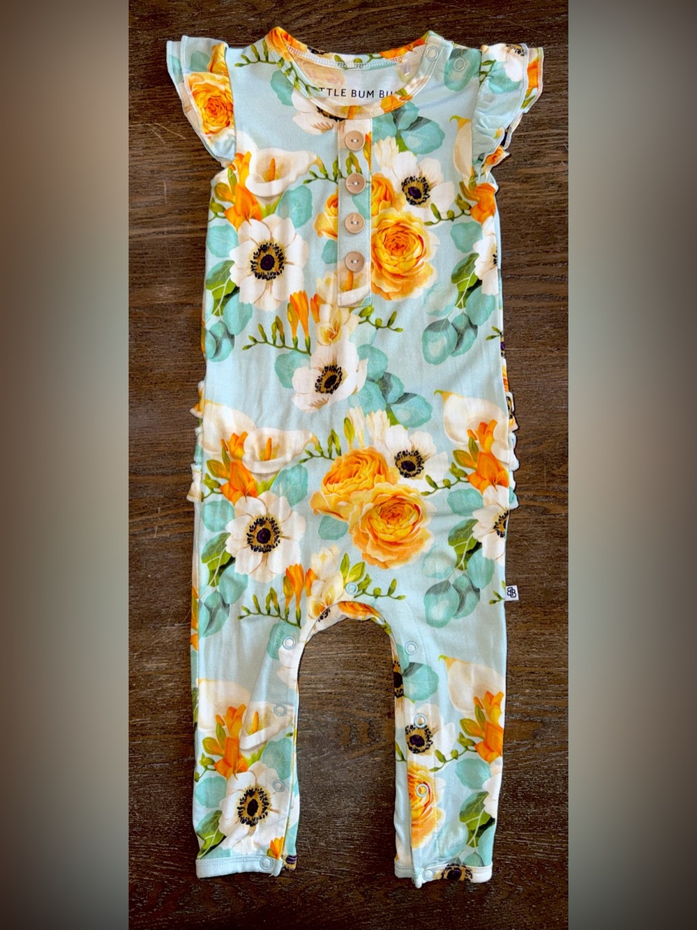 Bums and Roses Little Bum Bums Floral Ruffle Short Sleeve Snap Romper 9-12 mo